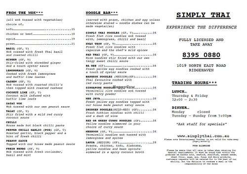 Simply Thai menu page 1 as at 2023-10-25 at Simply Thai in Ridgehaven