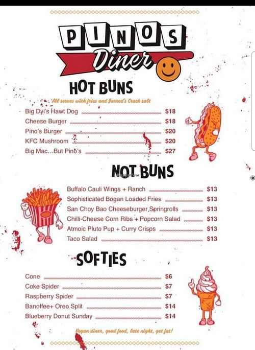 The menu ! at Pino's Diner @ The Family Hotel in Newcastle