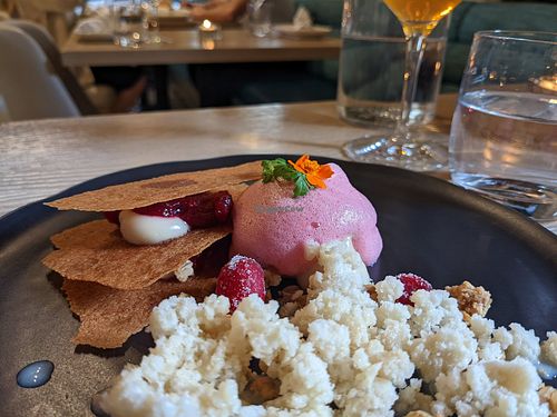 Course 5 - Cranberry and vegan cream mille-feuille with cranberry foam at L'Orygine in Quebec