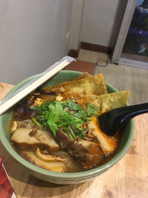 Delicious Tom Yum hot and sour soup with mock meat and vermicelli noodles at Hearts Choices in Chiang Mai