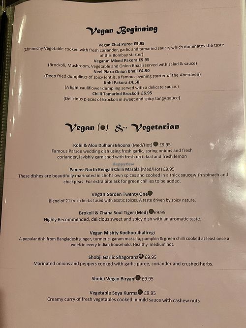 Vegetarian/Vegan menu at Nurtaj in Aberdeen