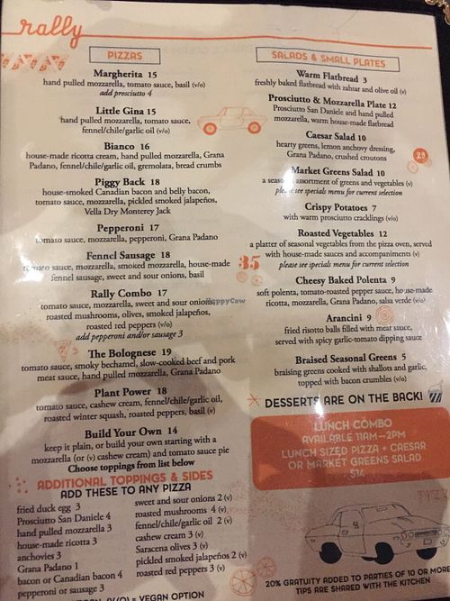 Menu page 2 at Rally Pizza in Vancouver