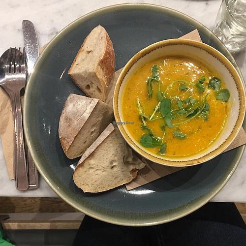 Carrot and coriander soup with sourdough 🥕🥕 at Grön Kafé in Leeds