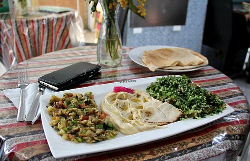 Three mezes came with bread.  at Abou Tayssir in Tangier