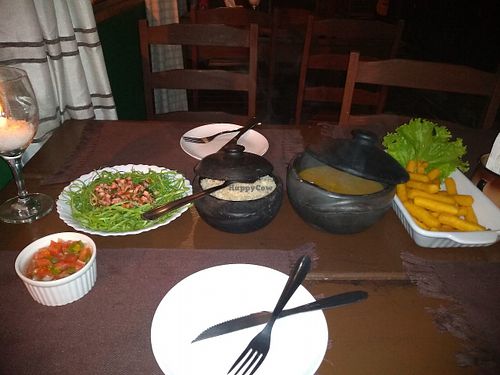 Whole grain rice, beans, soup, salad and fried polenta (a kind of corn flour thick soup). at Xicrona Cultural in Sao Joao Del Rei