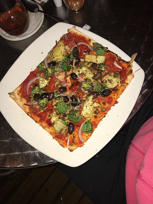 Their “vegan” pizza with no cheese  at La Pizzateria in Mont-tremblant