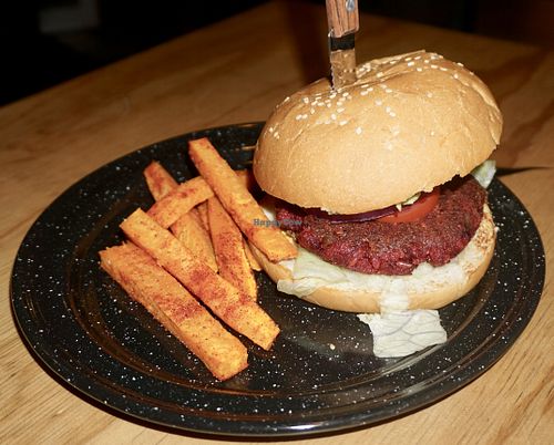 Beet burger and sweet potato fries at Once Once Cocina Compasion in Mazatlan