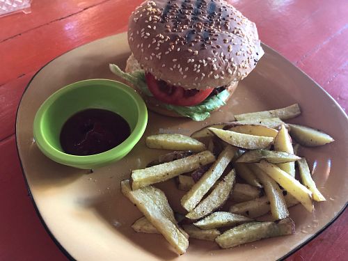 Really yummy lentil falafel burger with freshly cut fries. We loved eating here at Casa del Ritmo in Santa Marta