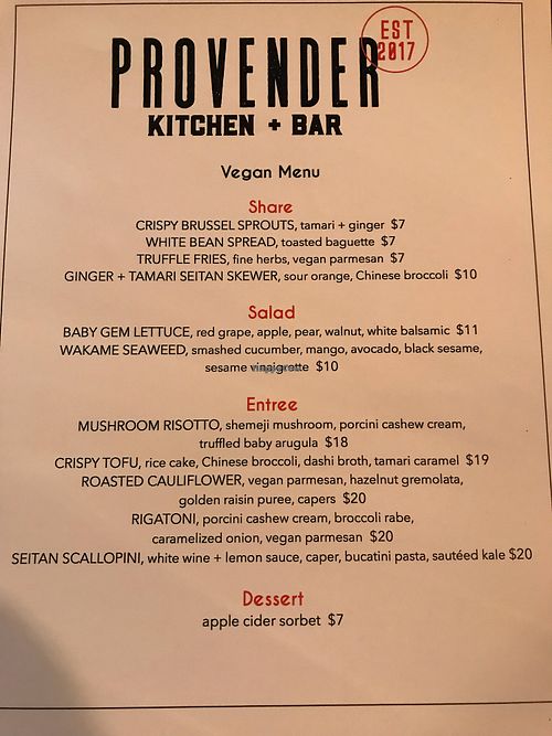 Vegan menu at Provender Kitchen & Bar in Ellsworth
