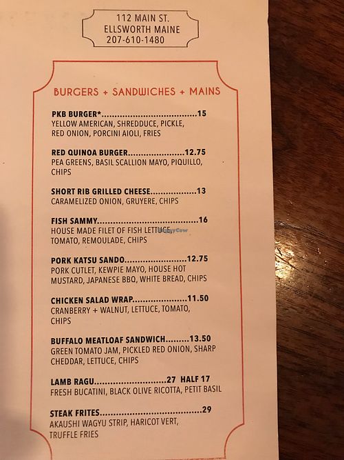 Mains menu at Provender Kitchen & Bar in Ellsworth