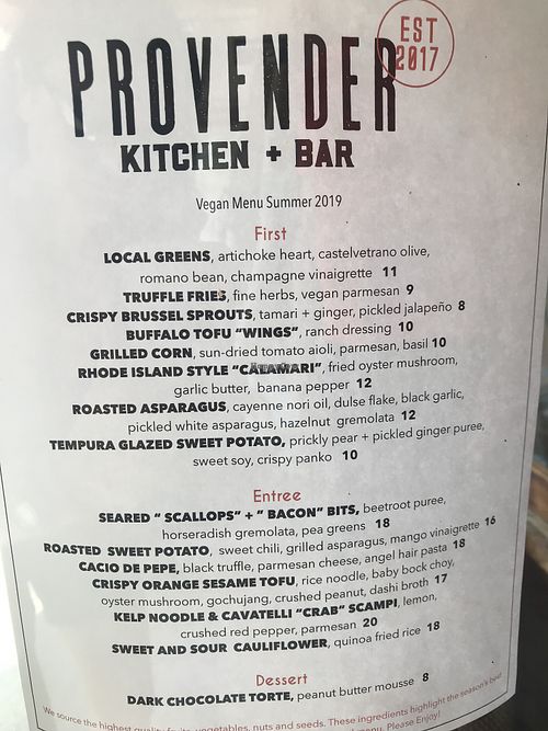 Summer 2019 vegan menu  at Provender Kitchen & Bar in Ellsworth