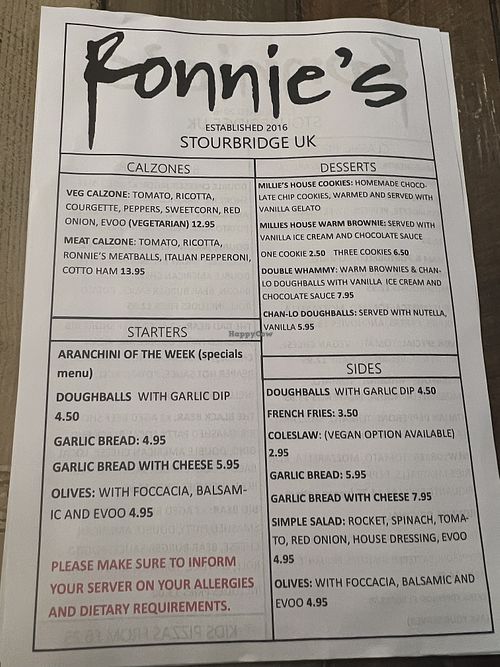 Menu  at Ronnie's Wood Fired Pizza - Maybe closed in Stourbridge
