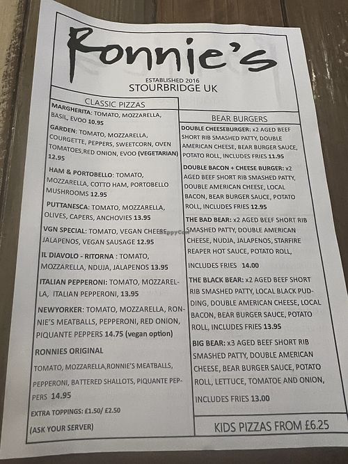 Menu  at Ronnie's Wood Fired Pizza - Maybe closed in Stourbridge