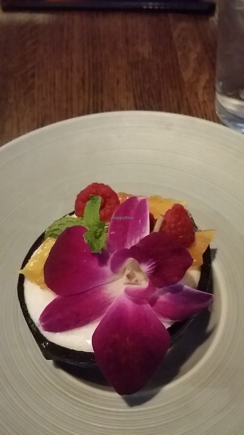 Coconut sorbet garnished with edible flower, mint, candied pineapple and raspberries at Poki Poblano in Albuquerque