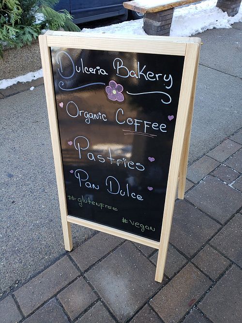 Vegan sign outside at Dulceria Bakery in Minneapolis