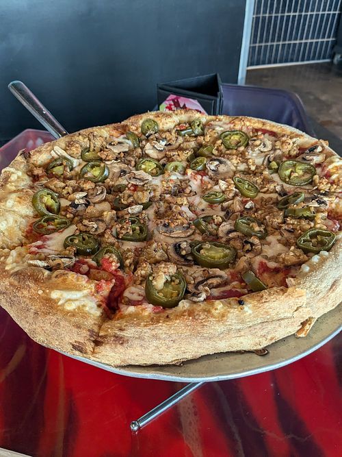 Vegan pizza with mushrooms, jalapenos, and tempe . at Mellow Mushroom in Fort Myers