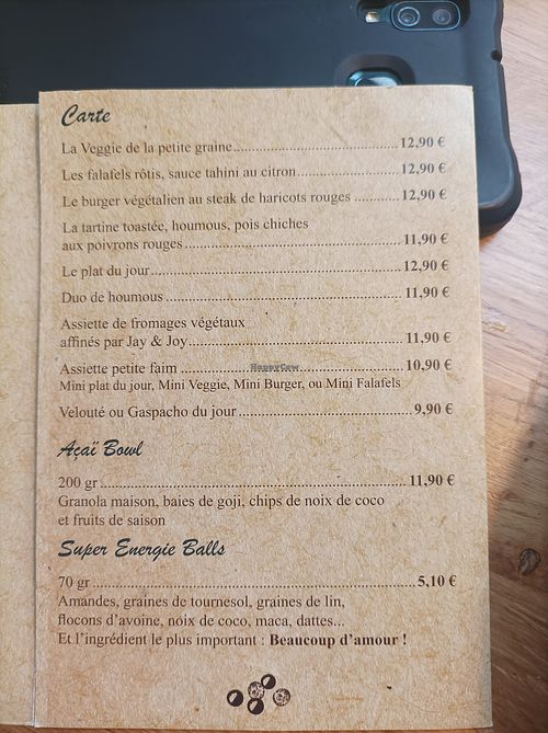 La liste des plats at la petite graine in Limoges