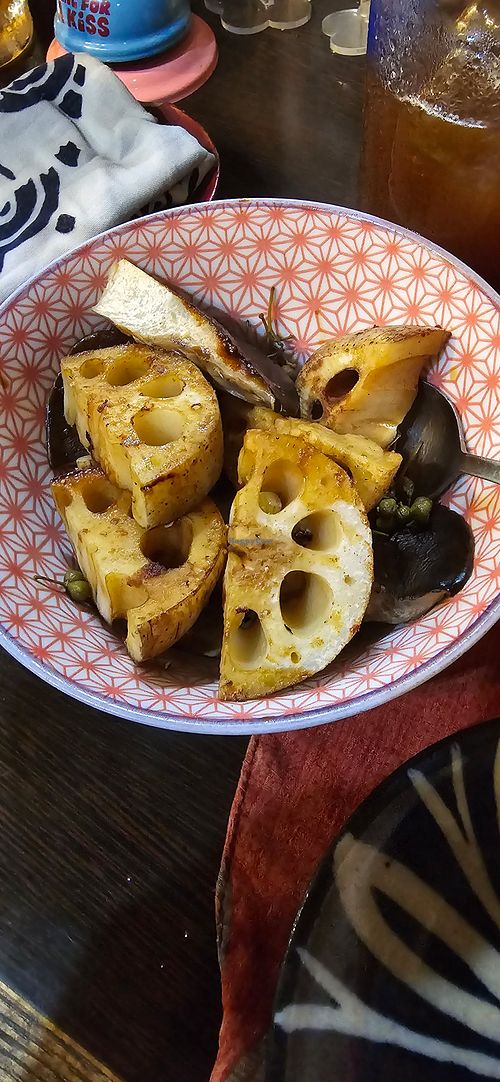 Root lotus with mushrooms at Yasai Izakaya Genki in Tokyo
