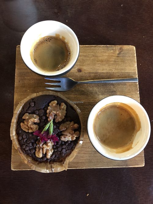 Vegan brownie and Brazilian expressos   at La Fabrica in Girona