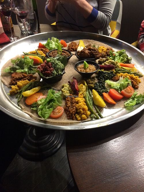 Huge plate with 5 different meals (including 2 vegans set) at Abyssinia in Strasbourg
