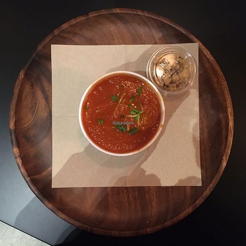 Tomato soup; one of their many vegan offerings at Dr Smood - Midtown in New York City