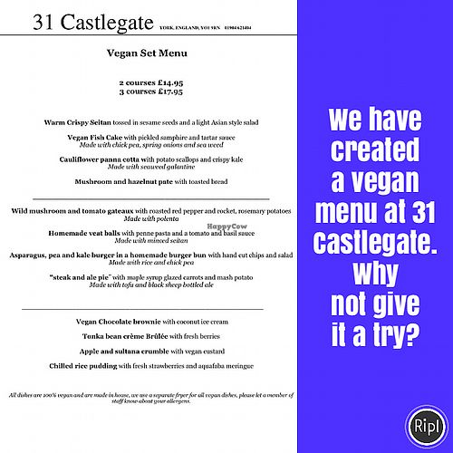 Vegan menu Oct 2018 at 31 Castlegate in York
