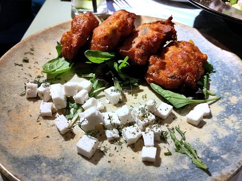 Tomato fritters with vegan feta at Karma in Santorini