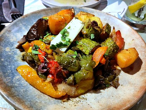 Cooked vegetables and vegan feta at Karma in Santorini