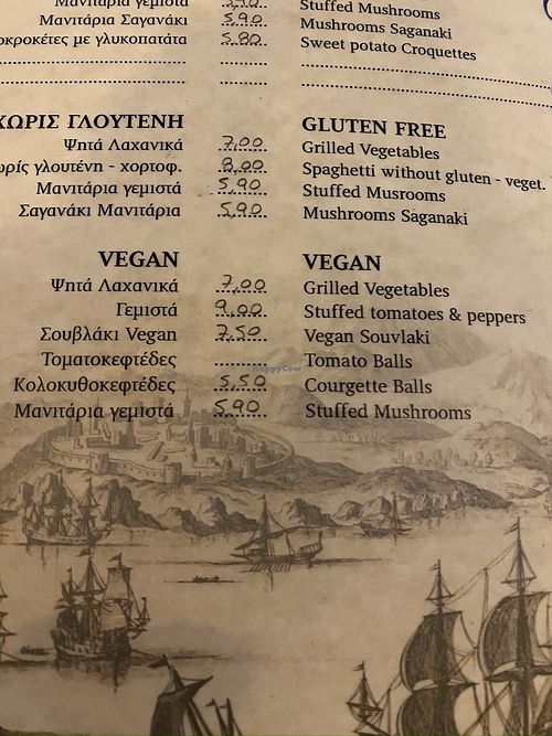 The Vegetarian, Gluten-free, and Vegan menu at Casiopia Greek Taverna in Corfu