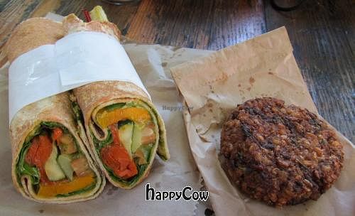 Roasted veg vegan wrap & pattie at Organic Produce Cafe in Surry Hills