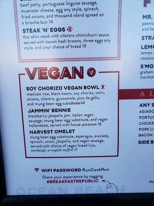 Vegan menu at Breakfast Republic - Ocean Beach in San Diego