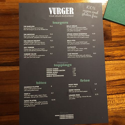 Menu at Vurger in Amsterdam