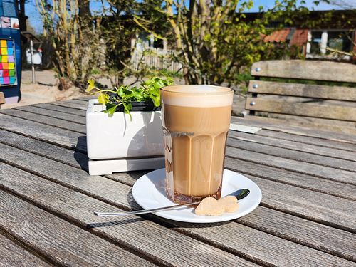 Milchkaffee mit Hafermilch und veganen Vanillekeksen at Nationalparkhaus Wittbülten  in Spiekeroog
