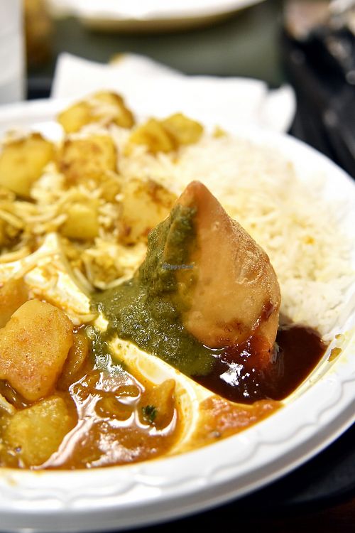Vegan buffet and samosa at Mirch Masala 2 GO in San Diego