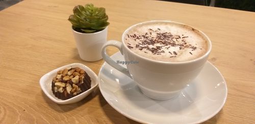 Delicious chocolate drink with frothed plant milk.  at Vegan Heaven in Lublin