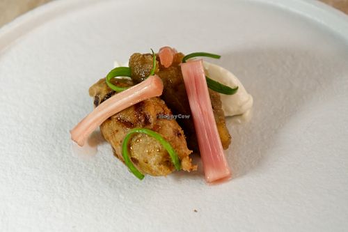 Pre-dessert: Spring onion, rhubarb and apple beignet at Bonboon in Amsterdam