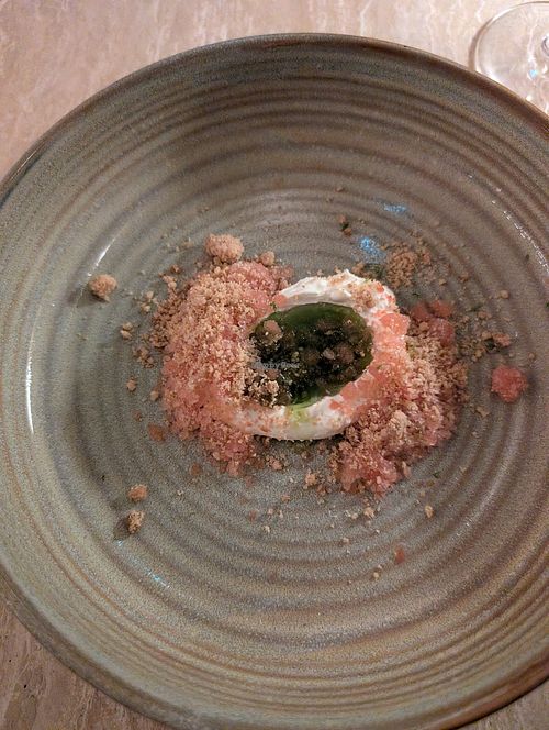 Pre-dessert course of watermelon & tomato granita with creme fraiche at Bonboon in Amsterdam