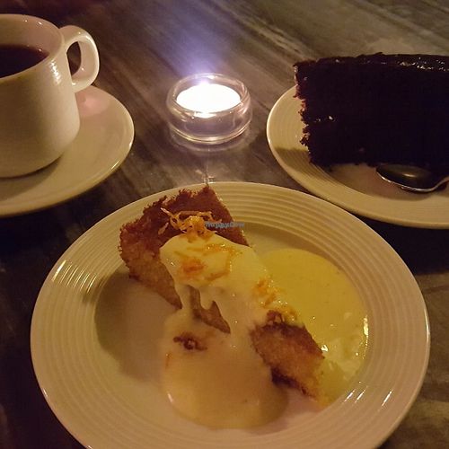 Orange and polenta cake and chocolate cake (£3 each) and coffee (only £1) at Bonnington Cafe in South West London