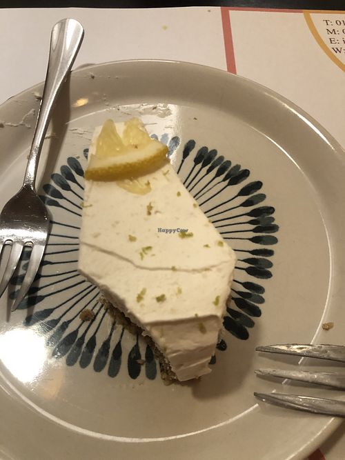 A delightfully light and creamy cheesecake, partially eaten!  at Vegehop in Zagreb