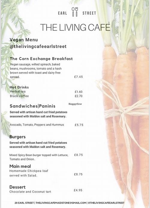 Vegan Menu at The Living Cafe in Maidstone