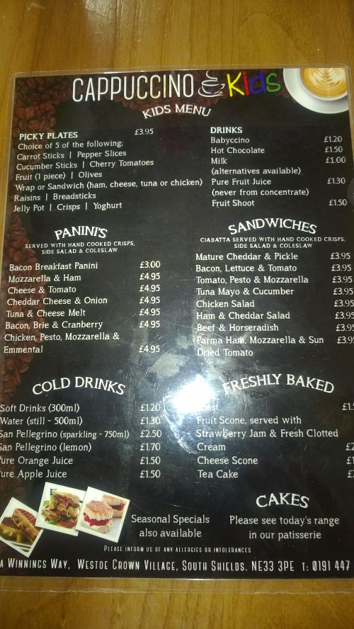 Food (vegan cheese used) menu at Cappuccino Kids in South Shields