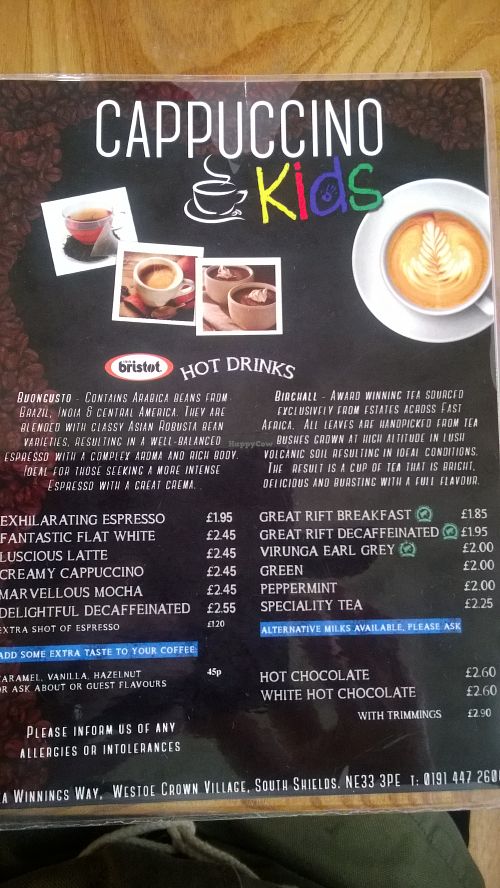 Drinks menu at Cappuccino Kids in South Shields