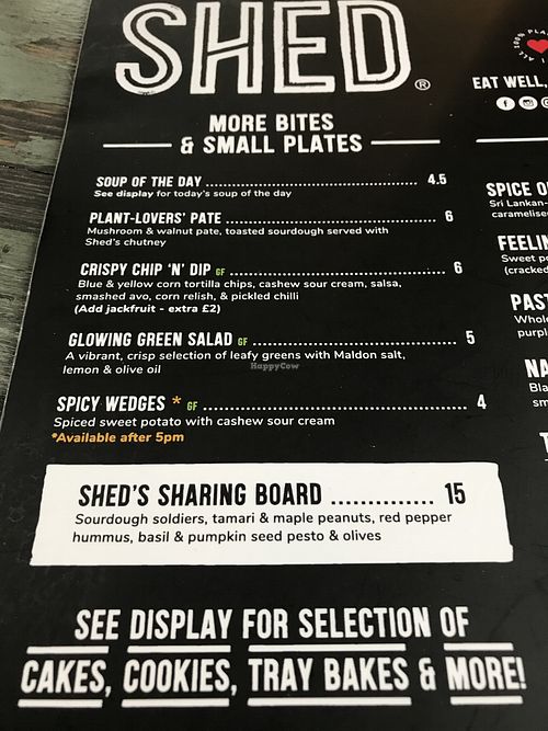 Menu at Shed in Sheffield