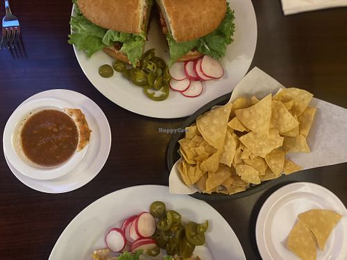 Aerial View of Two (2) Tortas and Chips  at Madre Tierra in Upland