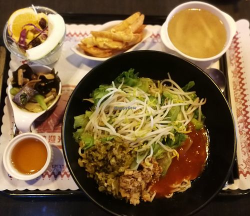A set meal with Thai-style noodles. at QīngTián Shū Shí 青田蔬食 in Hualien
