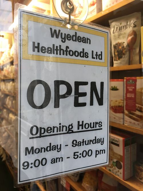 Opening hours as at 2018-05 at Wyedean Healthfoods in Cinderford