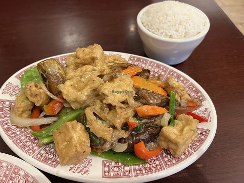 Tofu eggplant dish- menu states how it can be made vegan and it was extremely easy ordering it vegan.  at Malaysian Kopitiam in Centreville