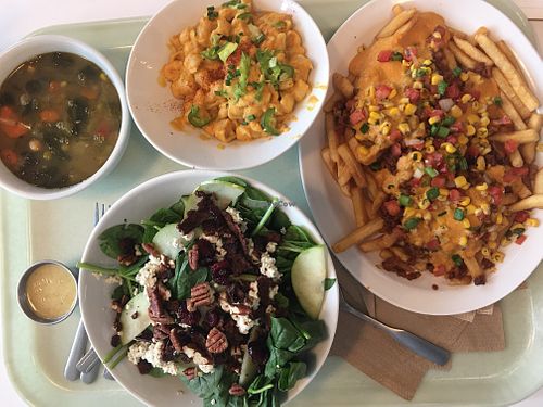 Fall salad, veggie chickpea special soup, Mac n cheese with jalapeño, loaded fries at Strong Hearts in Syracuse