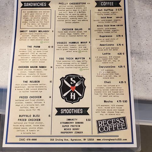 Menu at Strong Hearts in Syracuse