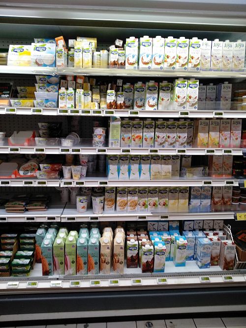 Vegan milk and yogurt at Cora Lujerului in Bucharest